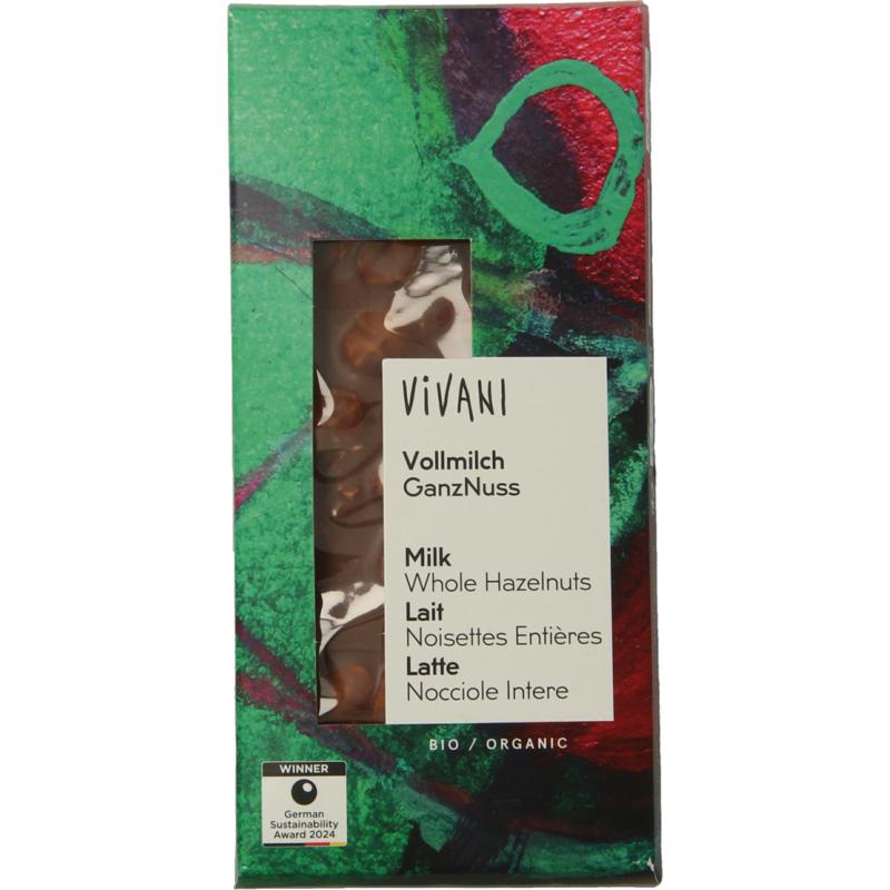 Vivani Chocolade Melk Hele Hazelnoten Bio 100g