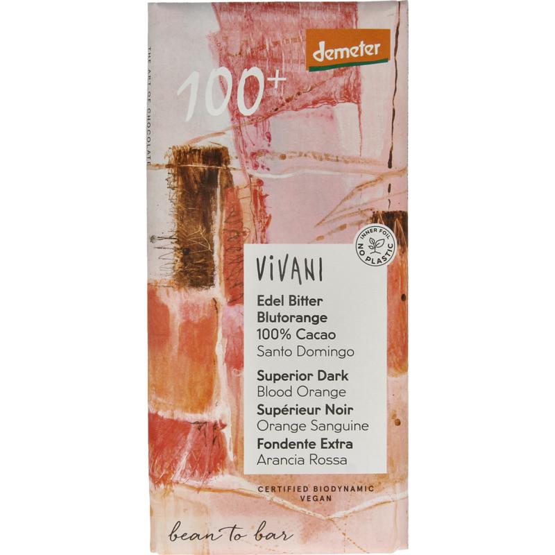 Vivani Chocolade Puur 100% Bloedsinaasappel Biodynamisch 90g