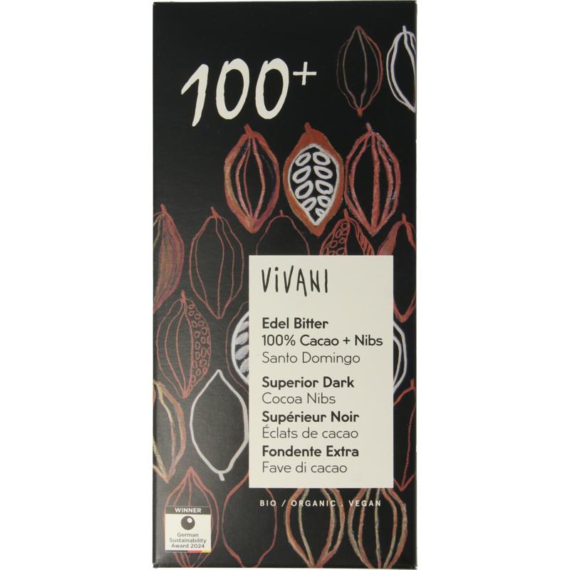 Vivani Chocolade Puur 100% + Nibs Bio 80g